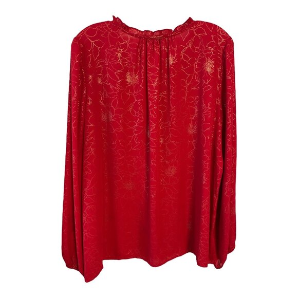 Liz Claiborne Red Blouse – Gold Floral Print, Rhinestone Trim – Size XL – Holida - Picture 4 of 5